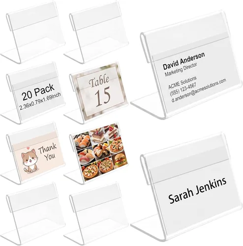 ARTIBETTER Tarjetas de mesa acrílicas, paquete de 20 soportes transparentes en forma de L, soportes horizontales para menú y placa de nombre para