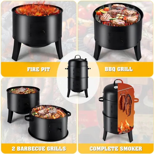 Miniatura 3 de Parrilla vertical para ahumar carbón de 32 pulgadas, parrilla de barbacoa resistente con termómetro integrado, parrilla 3 en 1 y ahumador, olla
