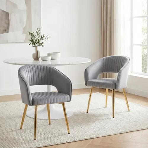 Miniatura 35 de Juego de 2 sillas de comedor modernas, tapizadas de piel sintética dorada con respaldo hueco, sillas de cocina con reposabrazos decorativos