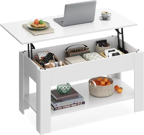 Miniatura 11 de WLIVE - Mesa de centro con parte superior elevable de 47", mesa de centro con compartimento oculto y 2 estantes de almacenamiento para sala de Roble