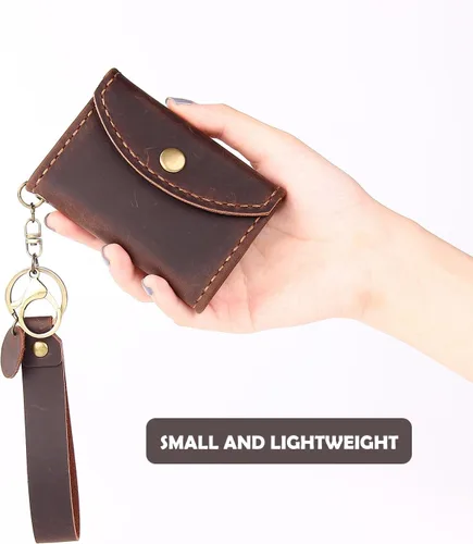 Miniatura 4 de Cartera de cuero genuino para tarjetas de crédito, organizador de tarjetas de crédito para mujeres y hombres, monedero pequeño llavero, Café, Simple