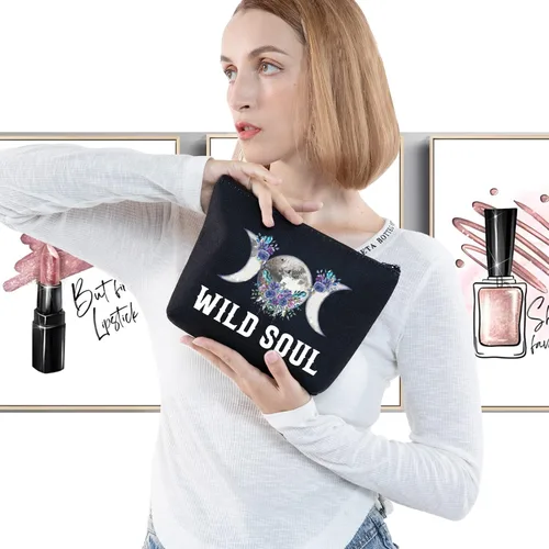 Miniatura 3 de LEVLO Bolsa de maquillaje cosmética de fase lunar, regalo de bruja luna, bolsa de maquillaje con cremallera para mujeres y niñas, Alma salvaje