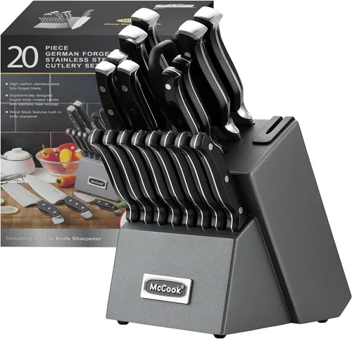 McCook® Juegos de cuchillos, juego de cuchillos de cocina forjados de acero inoxidable alemán con afilador de cuchillos incorporado Negro/Grafito