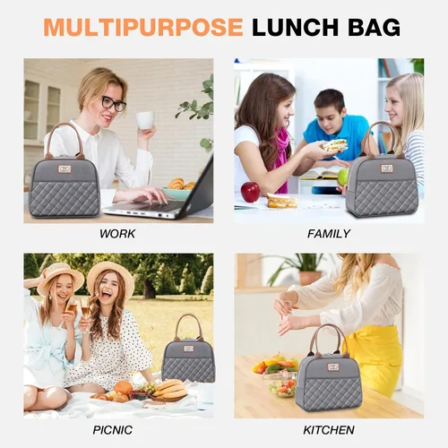 Miniatura 7 de Lekesky Lonchera para mujer, lonchera aislada, bonita bolsa de almuerzo a prueba de fugas para el trabajo de adultos, color gris