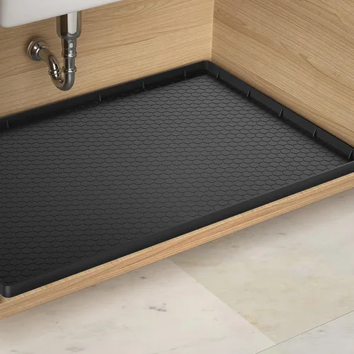 Tapete para debajo del fregadero, bandeja impermeable para gabinete de cocina de 28 x 22 pulgadas, forro de silicona flexible para debajo del Negro