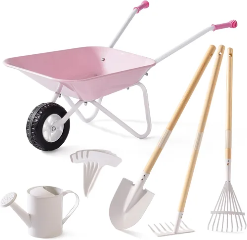 Miniatura 10 de ROBOTIME Carretilla para niños con juego de jardinería – Carretilla de metal para niños pequeños, juguete de juego al aire libre con herramientas