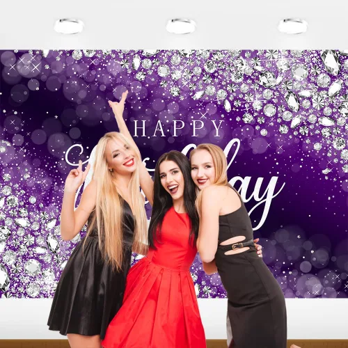 Miniatura 3 de Cartel de feliz cumpleaños morado para mujer, decoración de fondo de 5.9 x 3.6 pies con diamantes plateados brillantes, pancarta de feliz