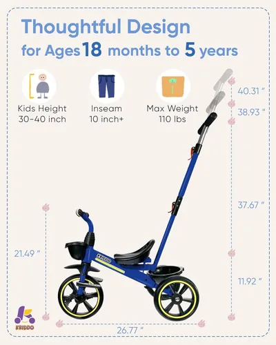 Miniatura 6 de KRIDDO Triciclo 2 en 1 para niños de 18 meses a 5 años de edad, mango de empuje extendido para empujar sin esfuerzo, triciclo de regalo para niños
