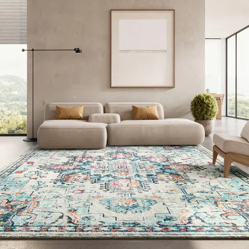 Miniatura 43 de Safavieh Madison Collection (MAD473M) Tapete redondo de 4 pies, azul y azul claro, diseño chic y bohemio desgastado de medallón, no pierde fibras
