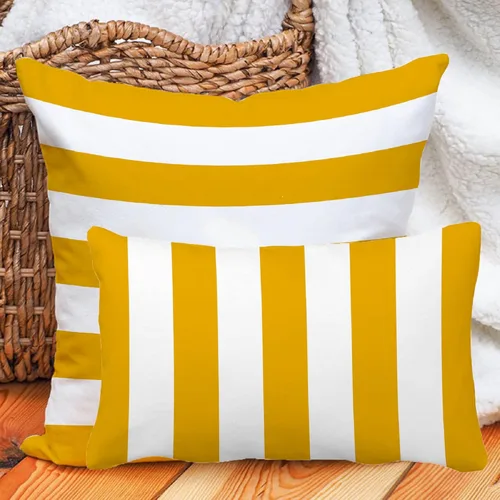 Miniatura 3 de Leaveland Juego de 2 fundas de almohada rectangulares de algodón y poliéster de 12 x 20 pulgadas con rayas amarillo mostaza y blanco, fundas