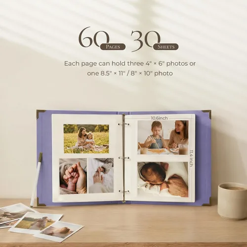 Miniatura 9 de Vienrose Álbum de fotos autoadhesivo de 40 páginas, tapa dura DIY, álbum de recortes con 3 anillas para niños, bodas, bebés, familia, púrpura Morado