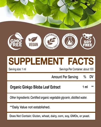 Miniatura 2 de Suplementos líquidos de extracto orgánico de ginkgo biloba, apoyo para el cerebro y la concentración, 98% de absorción, vegano, sin OMG, sin alcohol