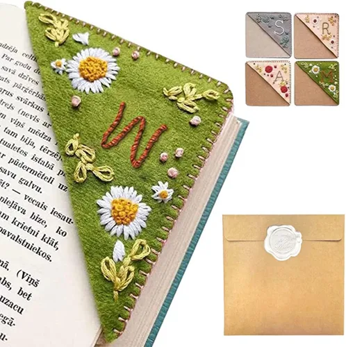 Miniatura 48 de Marcapáginas de esquina bordado a mano personalizado, 26 letras con costura a mano de fieltro, marcapáginas de esquina con bordado de flores lindo