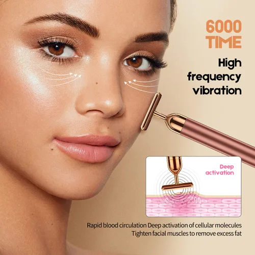 Miniatura 5 de Masajeador facial 2 en 1 Beauty Bar de pulso dorado de 24 quilates, rodillo 3D eléctrico y en forma de T, brazo ojo, nariz, cabeza, masajeador