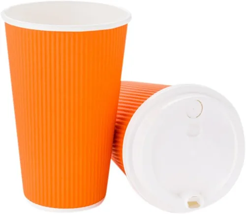 Miniatura 12 de Restaurantware Tazas de café desechables de pared ondulada de 16 onzas, 500 vasos de papel naranja aislados, diseño de borde enrollado, las tapas se