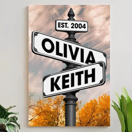Miniatura 10 de Mapileng Lienzo personalizado de Crossroads Street Sign para parejas, nombres personalizados y fecha, arte de pared vintage, regalo del día de San