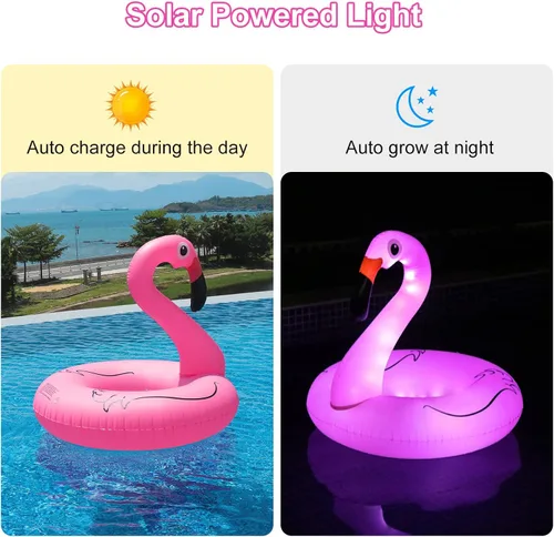Miniatura 3 de Flotadores inflables de flamenco con luces, anillos de tubo de natación de flamenco alimentado por energía solar, flotadores de playa de lago de 42