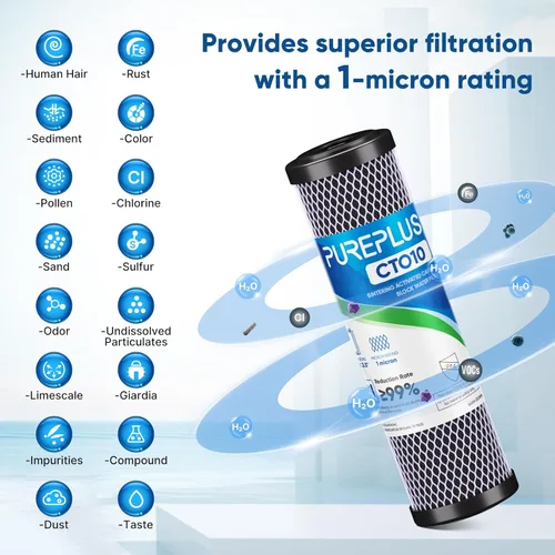 Miniatura 3 de Cartucho de filtro de agua de carbono CTO de 1 micrón, 2.5 x 10 pulgadas, repuesto para sistema de filtro de agua debajo del fregadero, Dupont