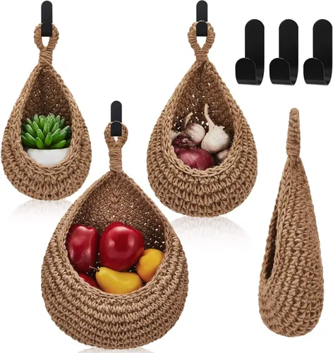 Miniatura 32 de Honeydak Cestas colgantes de pared bohemias para cocina, paquete de 3 cestas de lágrima con ganchos, almacenamiento de frutas, cebollas, verduras