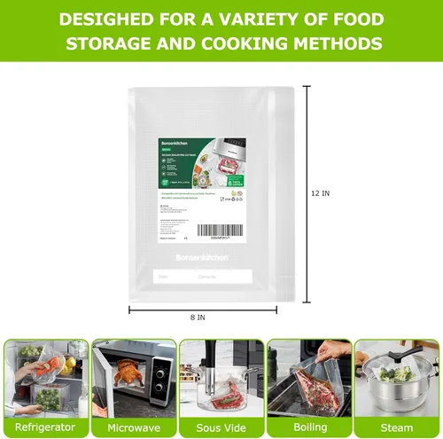 Miniatura 7 de Bonsenkitchen Bolsas precortadas al vacío de 100 cuartos de galón de 8 x 12 pulgadas, sin BPA, bolsa selladora de alimentos texturizada de grado