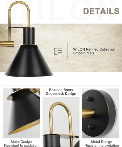 Miniatura 4 de WILON Juego de dos apliques de pared dorados y negros, lámpara de pared moderna de granja, lámpara de pared industrial para interiores, para baño