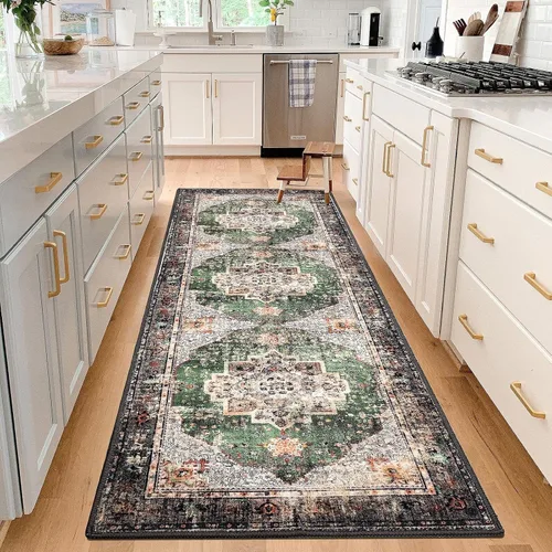 Miniatura 23 de Alfombra de área de 5 x 7 pies para sala de estar, alfombra verde boho antideslizante lavable, alfombra vintage de pelo bajo, alfombra grande