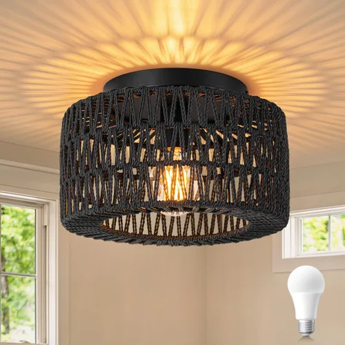 SineRise Lámparas de techo de ratán (30 cm, bombilla LED incluida), lámpara de techo de montaje empotrado tejida a mano estilo bohemio, lámpara de