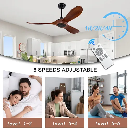 Miniatura 5 de Ventilador de techo de 52 pulgadas sin luz, con control remoto, motor CC reversible, con 3 aspas de madera maciza, para patio, sala de estar, Nogal