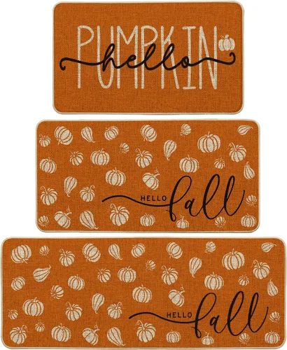 Artoid Mode Juego de 3 tapetes de cocina naranja con texto en inglés "Hello Pumpkin", decoración otoñal para el hogar, alfombras de cocina de bajo