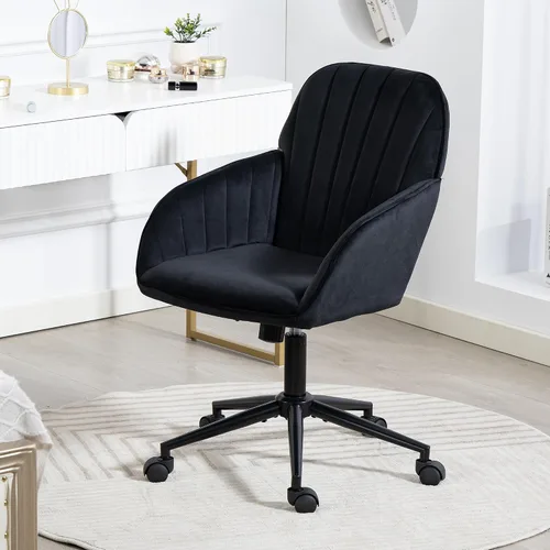 Miniatura 8 de Silla de Oficina para Hogar, Silla Moderna de Maquillaje de Terciopelo con Base Dorada y Ruedas, Silla de Escritorio Giratoria con Altura Ajustable
