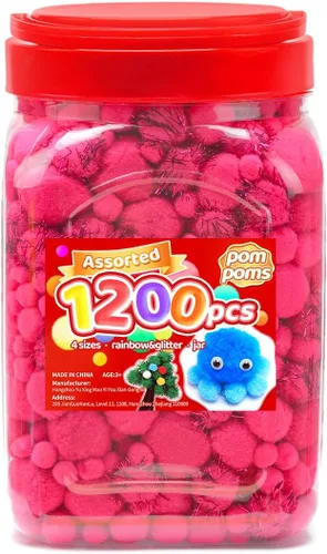 Iooleem Pompones rosados – Tamaño surtido, 1200 piezas con ojos móviles, opciones de purpurina, perfectos para artes y manualidades