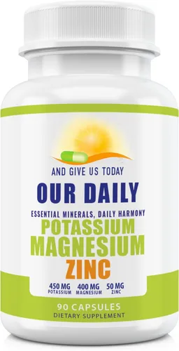 Suplemento de potasio y magnesio + zinc – 90 cápsulas – Potasio de alta absorción 450 mg, magnesio 400 mg y zinc 50 mg – Soporta calambres