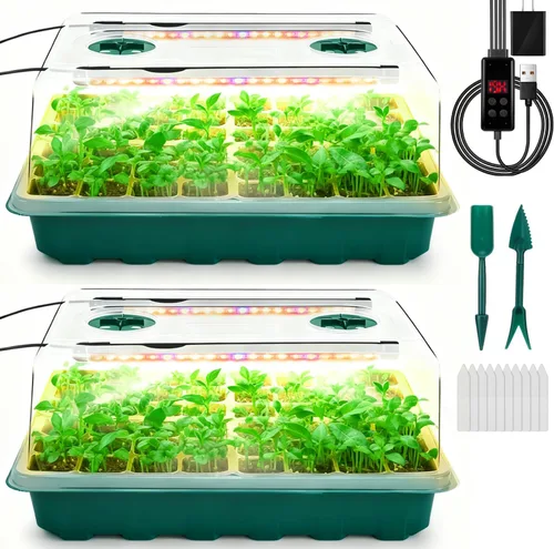 Miniatura 10 de Bandeja para inicio de semillas con luz de crecimiento, kit de 96 celdas, bandejas de inicio de plántulas con cúpulas de humedad, temporizador