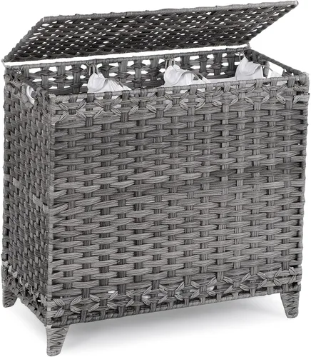 Miniatura 8 de Cesta para ropa sucia con 3 bolsas de forro extraíbles; cesta de lavandería de ratán tejida a mano de 132L con tapa y pies elevados; cesta de ropa