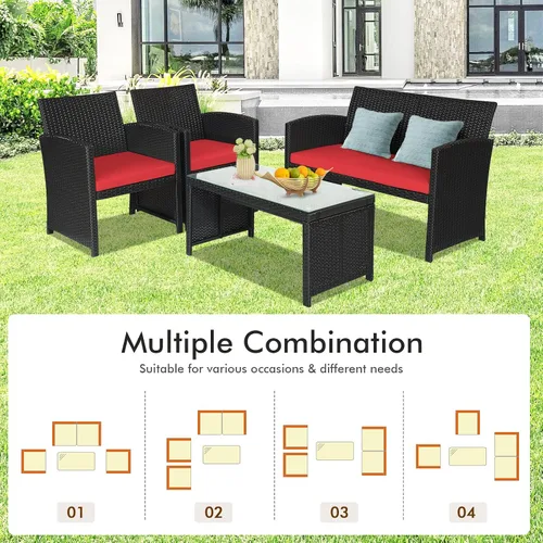 Miniatura 6 de DORTALA Juego de muebles de mimbre para patio de 4 piezas, sofás de ratán para exteriores con juegos de bistró con mesa auxiliar para patio, balcón