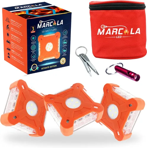 Miniatura 13 de Marcala Paquete de 3 luces de emergencia para vehículos Baldosas de emergencia compatibles con DOT para automóvil con baterías, silbato y funda