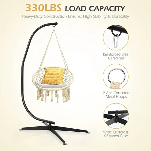 Miniatura 4 de Giantex Hamaca Swing Silla con soporte, cuerda de algodón tejida a mano con soporte de acero sólido resistente C, hamaca colgante al aire libre
