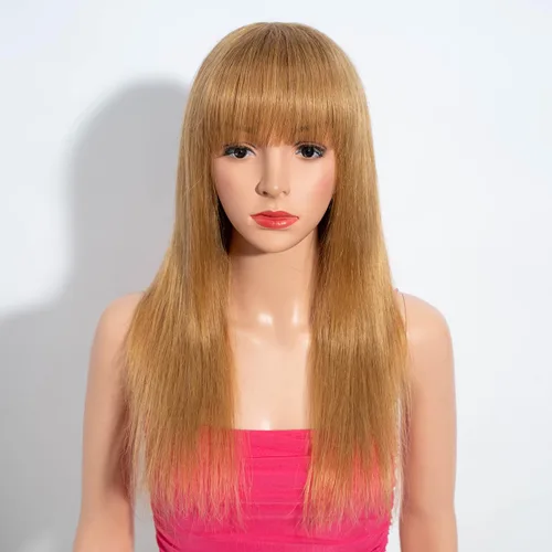 Miniatura 19 de Rebecca Fashion Pelucas lacias de 14 pulgadas con flequillo, pelucas de cabello humano para mujeres negras, sin encaje frontal, pelucas de cabello