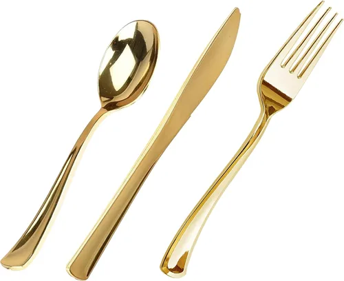 Miniatura 6 de FORKED - Cuchillos desechables de plástico dorado de 50 piezas, cubiertos de alta resistencia, cuchillos de sopa duraderos y desechables
