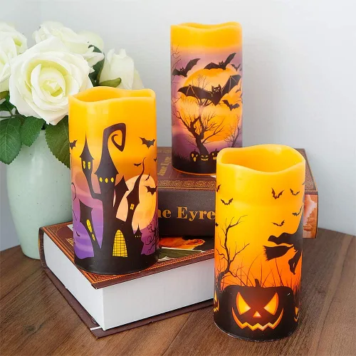 Miniatura 5 de Velas sin llama que funcionan con pilas con temporizador de 6 horas, calcomanías de Halloween de cera real LED parpadeantes, juego de 3 velas