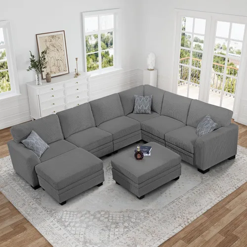 Legend Vansen Sofá Seccional Modular de Gran Tamaño, Sofá en Forma de U de 8 Asientos con Otomana, Sofá de Pana con Asiento Profundo, Sofás Gris