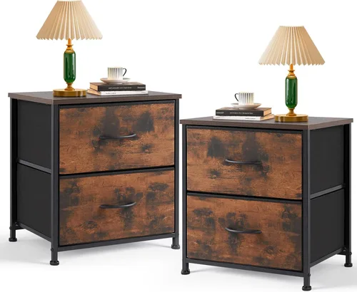 Miniatura 8 de Mesita de noche, pequeña cómoda de 2 cajones mesa auxiliar muebles de cabecera, contenedores de tela con superficie de madera para dormitorio, Blanco