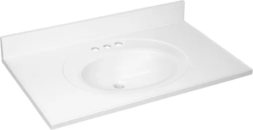 Miniatura 17 de Design House Tapa de tocador con lavabo, protector contra salpicaduras de 4 pulgadas, mármol cultivado, resistente a las manchas, agujeros Blanco