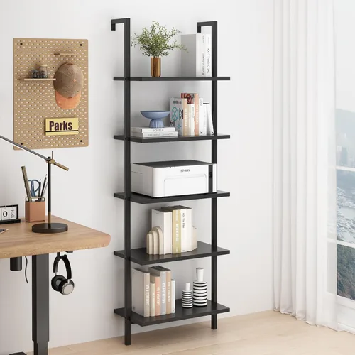 Miniatura 9 de Karl home Estantería de Escalera de 5 Niveles Montada en la Pared Librero con Marco de Metal, Estantes de Diseño Abierto para Sala de Estar, Nogal