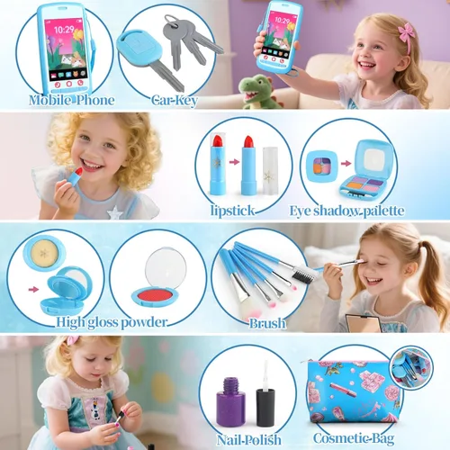 Miniatura 3 de Woumserta Kit de maquillaje de simulación para niños de 3 a 5 años, juego de maquillaje falso azul o beige para niñas pequeñas, regalos