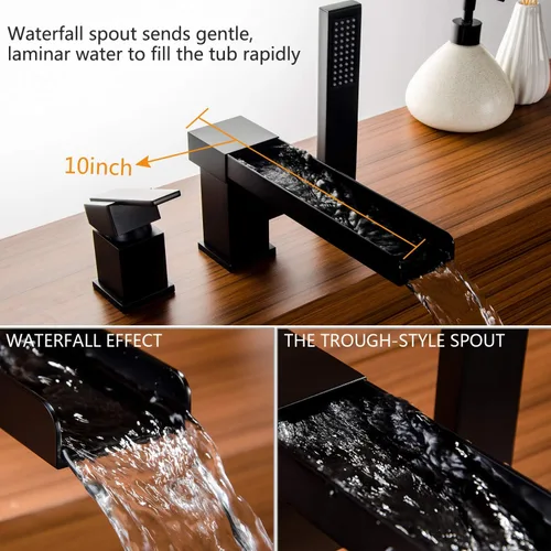 Miniatura 3 de Grifo de bañera romano negro con ducha de mano, grifo de bañera de montaje en cubierta con rociador, juego de grifo de bañera en cascada