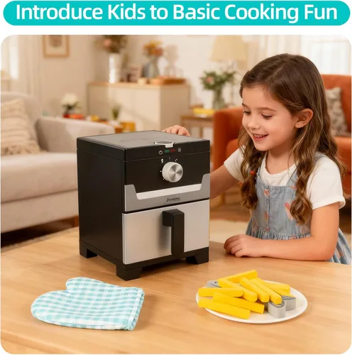 Miniatura 4 de Freidora de aire de madera, 15 piezas, juego de olla a presión de 18 piezas para niños, juguete de cocina con accesorios de alimentos, utensilios