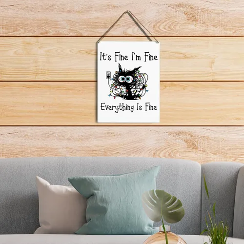 Miniatura 4 de GUDIAO Letrero colgante de madera con diseño de gato positivo "It's Fine Positive Cat", arte de pared de madera rústica para sala de estar