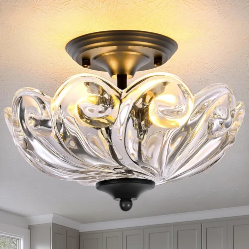 Miniatura 15 de Lámpara de techo moderna semiempotrada, 3 luces doradas para cerca del techo con pantalla de vidrio verde para sala de estar, entrada, dormitorio