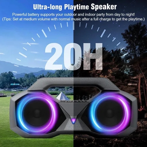 Miniatura 9 de KMAG Altavoz Bluetooth inalámbrico, altavoz de 80 W con graves más profundos, IPX7 impermeable, tiempo de reproducción de 20 horas, luces frías
